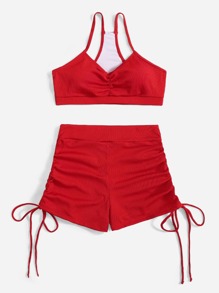 Solid Drawstring Bikini Swimsuit