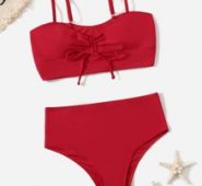 Solid Drawstring Bikini Swimsuit