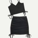 Solid Drawstring Crop Cami & Ruched Skirt