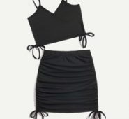 Solid Drawstring Crop Cami & Ruched Skirt
