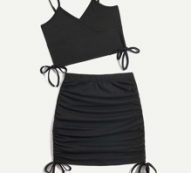 Solid Drawstring Crop Cami & Ruched Skirt