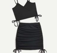 Solid Drawstring Crop Cami & Ruched Skirt
