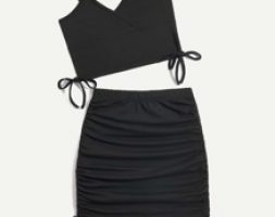 Solid Drawstring Crop Cami & Ruched Skirt