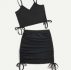 Solid Drawstring Crop Cami & Ruched Skirt