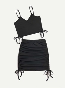 Solid Drawstring Crop Cami & Ruched Skirt