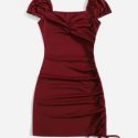 Solid Drawstring Puff Sleeve Bodycon Dress