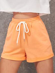 Solid Drawstring Rolled Up Trim Shorts