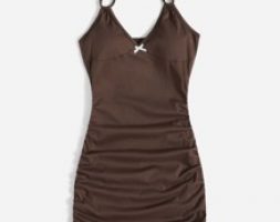 Solid Drawstring Ruched Bow Halter Dress