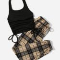 Solid Drawstring Ruched Halter Top & Plaid Knot Pants