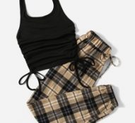 Solid Drawstring Ruched Halter Top & Plaid Knot Pants