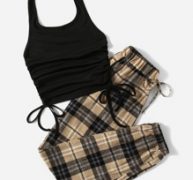Solid Drawstring Ruched Halter Top & Plaid Knot Pants