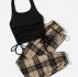 Solid Drawstring Ruched Halter Top & Plaid Knot Pants