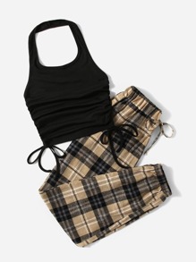 Solid Drawstring Ruched Halter Top & Plaid Knot Pants