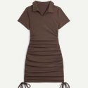 Solid Drawstring Ruched Ribbed Dress