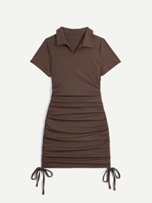 Solid Drawstring Ruched Ribbed Dress