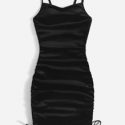 Solid Drawstring Ruched Velvet Cami Dress