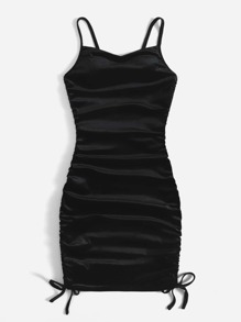 Solid Drawstring Ruched Velvet Cami Dress