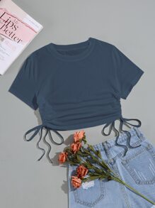 Solid Drawstring Side Crop Tee