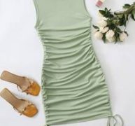 Solid Drawstring Side Dress