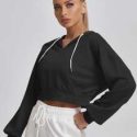 Solid Drop Shoulder Drawstring Crop Sports Hoodie