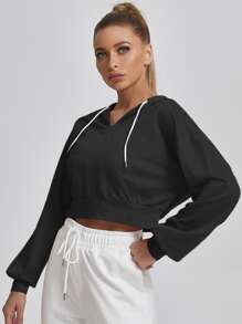 Solid Drop Shoulder Drawstring Crop Sports Hoodie