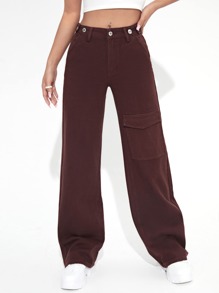 Solid Flap Pocket Wide Leg Jeans