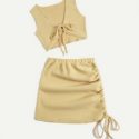 Solid Fleece Drawstring Tank Top & Ruched Skirt