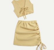 Solid Fleece Drawstring Tank Top & Ruched Skirt