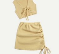 Solid Fleece Drawstring Tank Top & Ruched Skirt