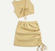 Solid Fleece Drawstring Tank Top & Ruched Skirt