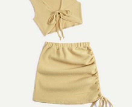 Solid Fleece Drawstring Tank Top & Ruched Skirt