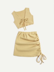 Solid Fleece Drawstring Tank Top & Ruched Skirt