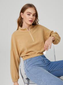 Solid Fleece Half Zip Crop Sweatshirt