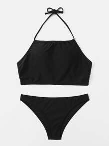 Solid Halter Bikini Swimsuit