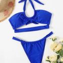 Solid Halter Tanga Bikini Swimsuit