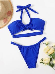 Solid Halter Tanga Bikini Swimsuit