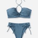 Solid Halter Tie Side Bikini Swimsuit