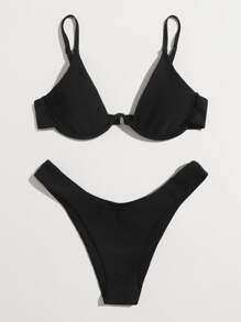 Solid High Cut Bikini Swimsuit