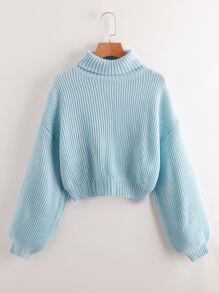 Solid High Neck Lantern Sleeve Sweater