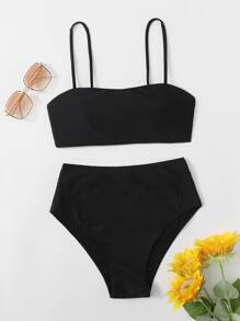 Solid High Waist Bikini Swimsuit