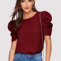 Solid Keyhole Back Puff Sleeve Top