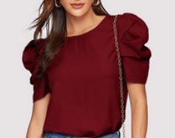 Solid Keyhole Back Puff Sleeve Top