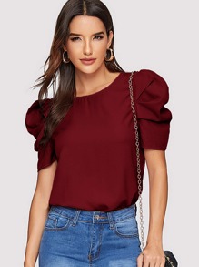 Solid Keyhole Back Puff Sleeve Top