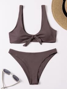 Solid Knot Front Bikini Swimsuit