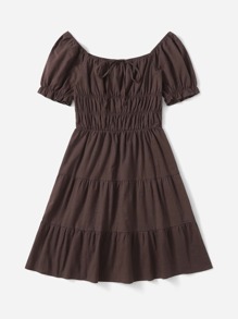 Solid Knot Ruched Layered Hem Dress