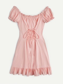 Solid Lace Up Frill Dress