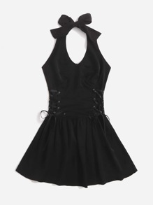 Solid Lace Up Halter Dress