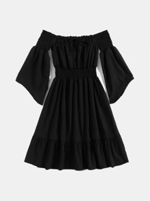 Solid Off The Shoulder Shirred Dress