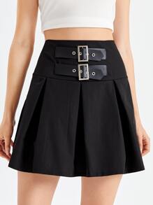 Solid Pleated Grommet Eyelet Skirt