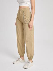 Solid Pocket Cargo Pants With Chain